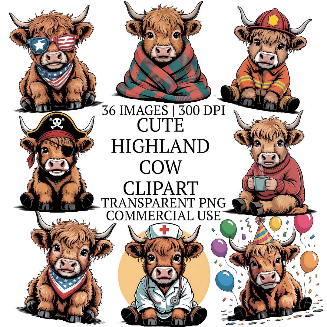 36 Cute Highland Cow Clipart Bundle PNG, Farm Animal Clip Art Pack ...