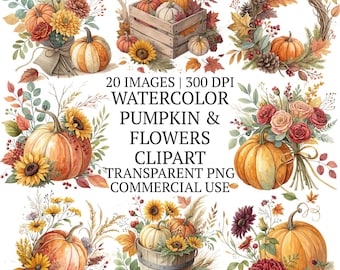 Cozy Watercolor Autumn Pumpkin With Flowers Clipart PNG Bundle, 20 Floral Fall Aesthetic High Quality Clip Art Set, Sublimation Designs