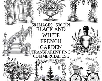 38 Black and White French Garden Clipart Bundle PNG, Floral Hand-Drawn Chateau Images, Vintage Spring Botanical Line Art Illustrations