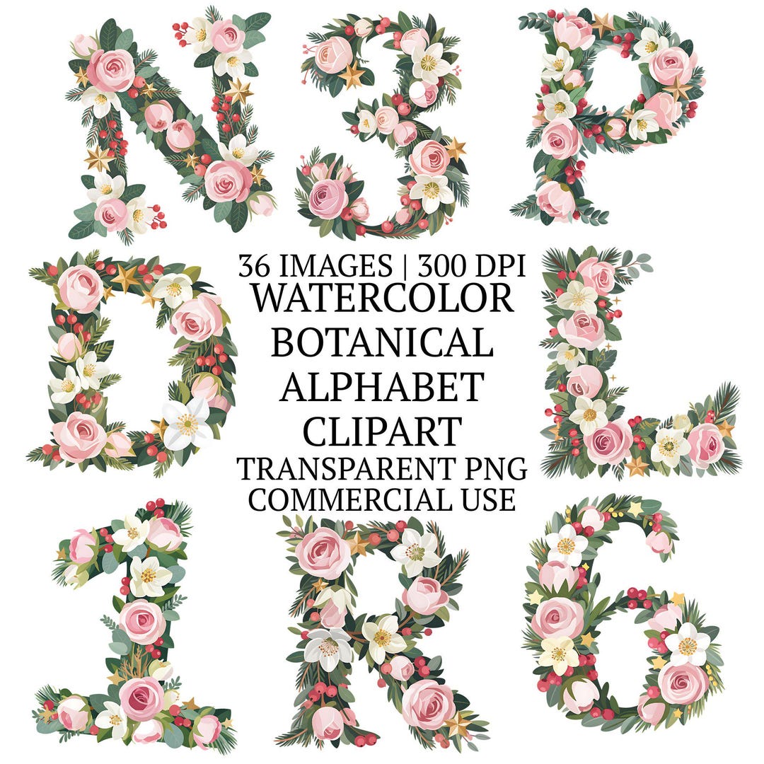 36 Watercolor Botanical Alphabet Clipart Bundle PNG, Floral Whimsical ...
