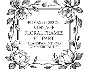 Könnte beinhalten: Schwarz-weißes Vintage-Blumenrahmen-Clipart. Das Design zeigt vier große Blumen mit detaillierten Blütenblättern und Blättern, die um einen rechteckigen Rahmen angeordnet sind. Der Text enthält "40 Images | 300 DPI", "Vintage Floral Frames Clipart", "Transparent PNG Commercial Use".