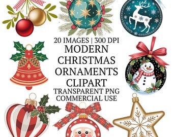 モダンなクリスマスオーナメントセットのクリップアートPNG、20種類の冬のお祝いグラフィック、ホリデーシーン、高品質クリップアートセット、昇華デザイン