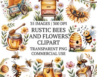 素朴な蜂と花のクリップアートバンドルPNG、35枚の水彩花の蜂のグラフィック、養蜂の花のクリップアートセット、高品質の画像