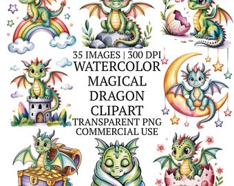 Cute Watercolor Magical Dragon Clipart Bundle PNG