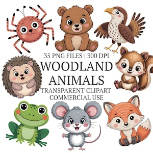 Bundle de cliparts animaux de la forêt PNG, clipart créatures de la forêt, décoration de chambre d'enfant ours, renard, hibou, lapin, cerf en téléchargement numérique, usage Commercial