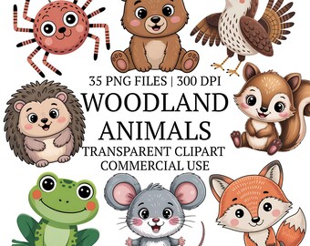 Woodland Animals Clipart Bundle PNG, Forest Creatures Clip Art, Nursery Decor Bear, Fox, Owl, Rabbit, Deer Digital Download, Commercial Use