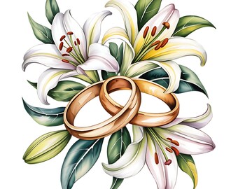 40 Gold Wedding Rings Clipart Bundle PNG, Watercolor Floral Bridal Wedding Bands, Marriage Bride Groom Graphics