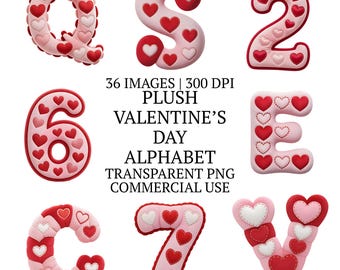 36種類のぬいぐるみバレンタインデーアルファベットクリップアートバンドルPNG、気まぐれな文字と数字のラブグラフィック、ロマンチックな昇華デザイン