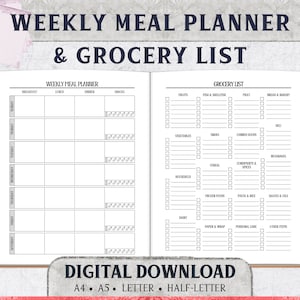 Meal Planner Printable - Weekly Food Planner And Grocery List - Meal Plan Template - Instant Digital Download Meal Prep And Menu Planner