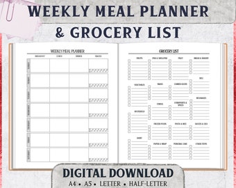 May include: A black and white printable weekly meal planner and grocery list. The planner has space for seven days of the week and includes sections for breakfast, lunch, dinner, and snacks. The grocery list is organized by category, including fruits, vegetables, dairy, and household items.