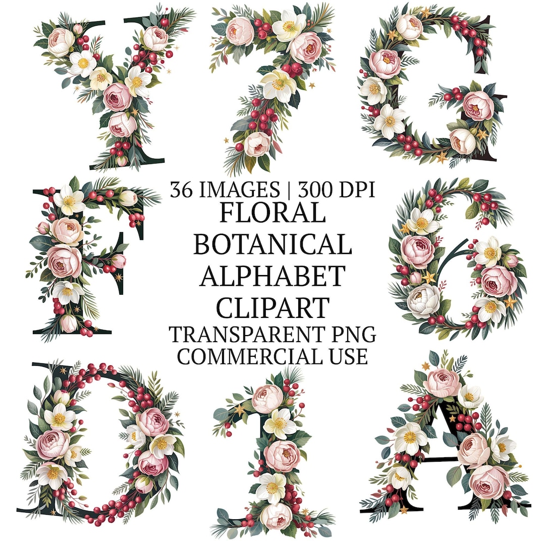 36 Winter Floral Botanical Alphabet Clipart Bundle PNG, Whimsical ...
