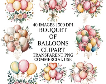 Floral Bouquet of Balloons Clipart Bundle PNG, 40 Cute Whimsical High Quality Party Graphics, Watercolor Sublimation Designs