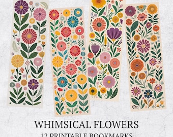 12 Whimsical Flowers Printable Bookmarks, Floral Illustration Art Bundle, PNG-JPG-PDF Files, Digital Bookmark Sublimation Set, Junk Journal