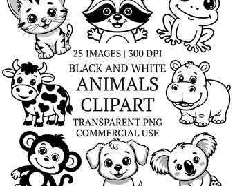 白黒動物のクリップアート集、25枚のPNGクリップアート、かわいい透明な落書き画像、デジタルダウンロードグラフィック、商用利用可