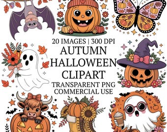 Cozy Autumn Halloween Clipart Bundle, 20 High-Quality Illustrations, Funny PNG Graphics, Whimsical Clip Art, Cute Spooky Season Sublimation