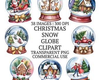 Festive Christmas Snow Globe Clipart Bundle PNG, 38 High Quality Xmas Sublimation Designs, Cozy Whimsical Watercolor Winter Graphics