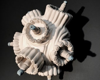 Orbital IV, 7.5” diameter, porcelain, slip, glaze, 2018