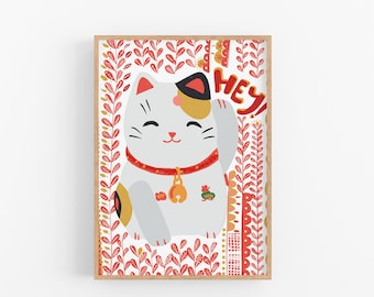 May include: A white and gold Maneki-Neko, or lucky cat, with a red collar and a bell. The cat is waving its right paw and has a happy expression. The background is a red and white floral pattern with the word "Hey!" in red letters.