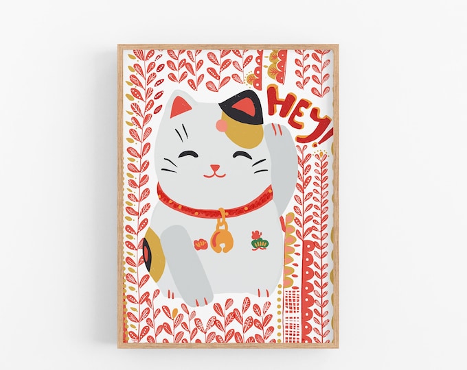 Good Luck Gift // Maneki Neko Art Print, Lucky Cat Wall Art,  Fun Cubicle Decor