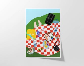 Summer Picnic Art Print – Checkered Blanket, Food Still Life