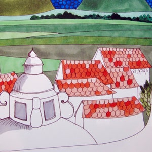 Puede incluir: Pintura acuarela de un pueblo con techos de tejas rojas y un edificio con c&uacute;pula blanca. La pintura est&aacute; firmada "Leoni, Nicaragua" en la esquina inferior derecha.