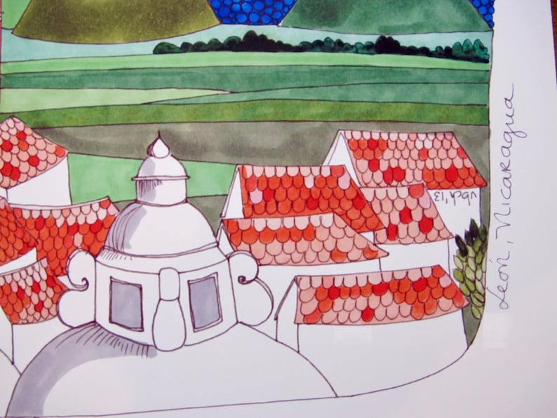 Puede incluir: Pintura acuarela de un pueblo con techos de tejas rojas y un edificio con c&uacute;pula blanca. La pintura est&aacute; firmada "Leoni, Nicaragua" en la esquina inferior derecha.