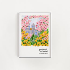 May include: A colorful illustration of the National Cathedral in Washington, DC, surrounded by pink and yellow flowers.