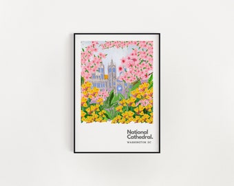 Venue Illustration The National Cathedral of Washington DC Art Print, Cubicle Decor, Travel Prints