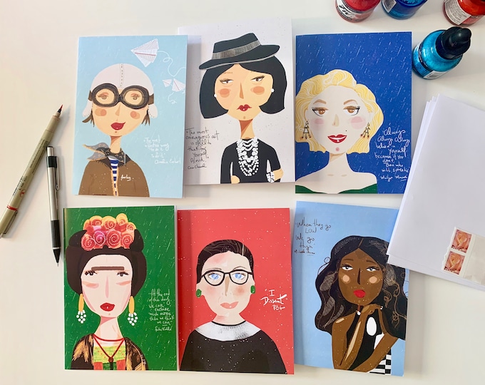 Featured listing image: Set of Greeting Cards, Quirky illustration Iconic Women Portrait , Snail Mail, set of 6