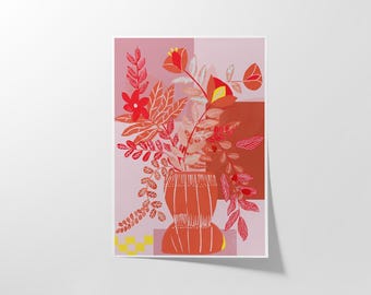 Red Floral Vase Art Print: Botanical Living Room Decor
