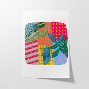 Può includere: Stampa d'arte astratta con un motivo geometrico colorato con foglie verdi, blu e gialle. Lo sfondo è un mix di rosso, arancione, giallo, blu e rosa.