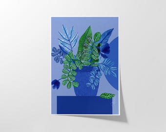 Blue Botanical Wall Art Print – Tropical Green and Bluel Leaves with Blue Background