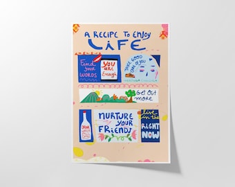 Recipe to Enjoy Life Print, Colorful Motivational Wall Art