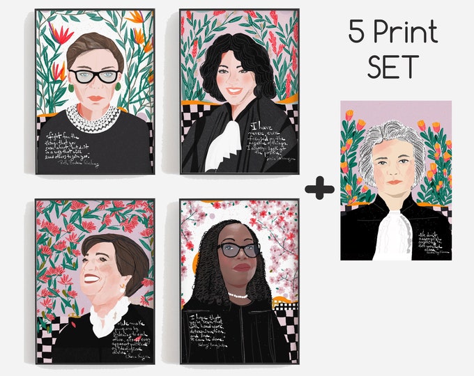 Set of 5 Supreme Court Justices Portrait (Sandra, RBG, Elena, Sonia and Ketanji), Art Prints