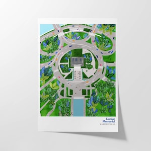 Lincoln Memorial Art Print – moderne muurkunst in Washington DC, poster luchtfoto stadsgezicht, groen stedelijk decor, cadeau voor geschiedenisliefhebbers