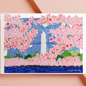 Einweihungsparty Kunstdruck - Washingtonstempel Skyline mit Kirschblüten, ideales Abschiedsgeschenk & Schlafzimmerdekoration