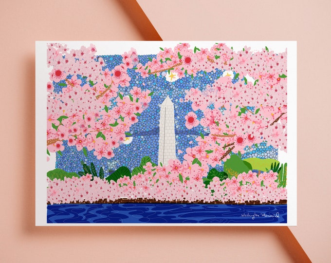 House Warming Art Print // Farewell Art Print Gift, Washington Memorial Skyline,  Cherry Blossoms Landscape, Cubicle Decor