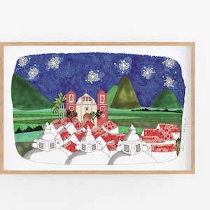 Puede incluir: Una ilustraci&oacute;n de acuarela de un peque&ntilde;o pueblo de noche con edificios blancos y techos de tejas rojas. El pueblo est&aacute; enclavado entre dos colinas verdes bajo un cielo azul con estrellas blancas. El texto "Isla de Ometepe" est&aacute; en la esquina inferior derecha.