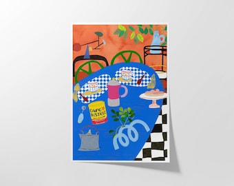 Latin Coffee Art Print – Colorful Kitchen Still Life, Moka Pot Decor