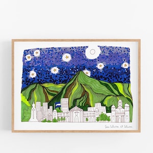 San Salvador Skyline Wall Art - El Salvador City Print for Cubicle, Office, Dorm, or Apartment Decor