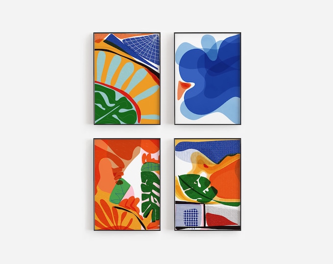 Set of 4 Abstract Art Print Set, Mood Boosting Wall Art, Mid Century Cubicle Decor, New Home Gift