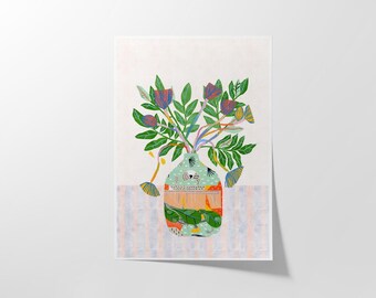 Neutral Botanical Wall Art Print – Green Leaves in  Vase with white Background