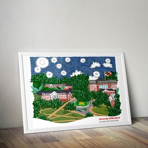 Impresión artística de un lugar emblemático del campus College Park de la Universidad de Maryland: decoración de pared para dormitorios de estudiantes de la UMD