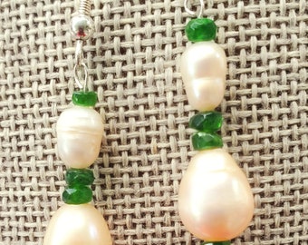 Pearl And Emerald Long Dangle Earrings On Sterling Earwires