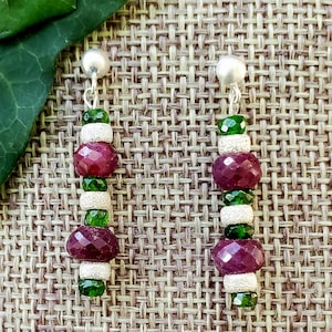 Rubies, Emeralds and Brushed Sterling Earrings, May Birthstone Earrings, July Birthstone Earrings, Dangle Earrings