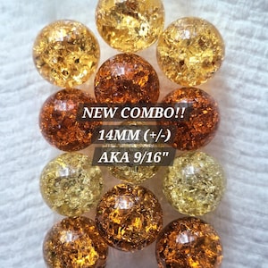May include: Arrangement of eleven decorative glass spheres in shades of gold and amber. The spheres are approximately 9/16" in diameter, with a textured, crackled appearance. Text on the image reads "NEW COMBO!! 14MM (+/-) AKA 9/16".