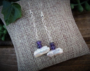 Pearl And Amethyst Long Dangle Earrings On Sterling Silver Chain And Earwire. aprl1