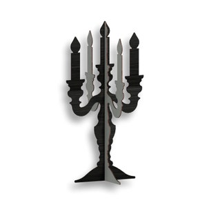 May include: Black wooden candelabra with five candle holders. The candelabra has a decorative, ornate design and a wide base.