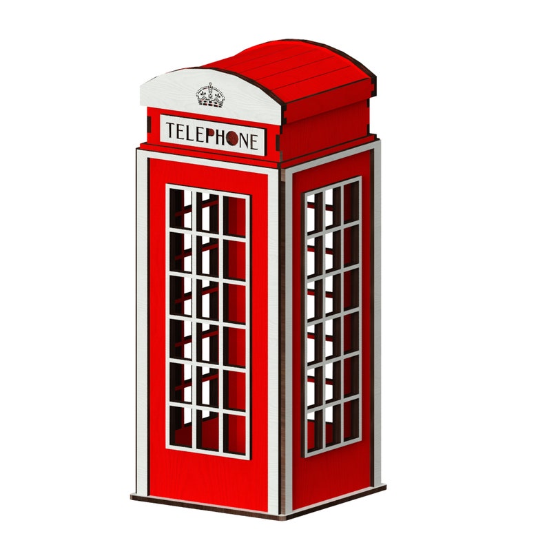 May include: Red telephone booth with a white trim and the word "TELEPHONE" on the front. The booth has a crown on top.
