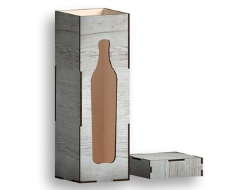Puede incluir: Una caja de madera con un hueco para una botella. La caja está hecha de madera clara con un acabado blanqueado y tiene un patrón de veta de madera. La caja está abierta y la tapa está apoyada junto a ella.